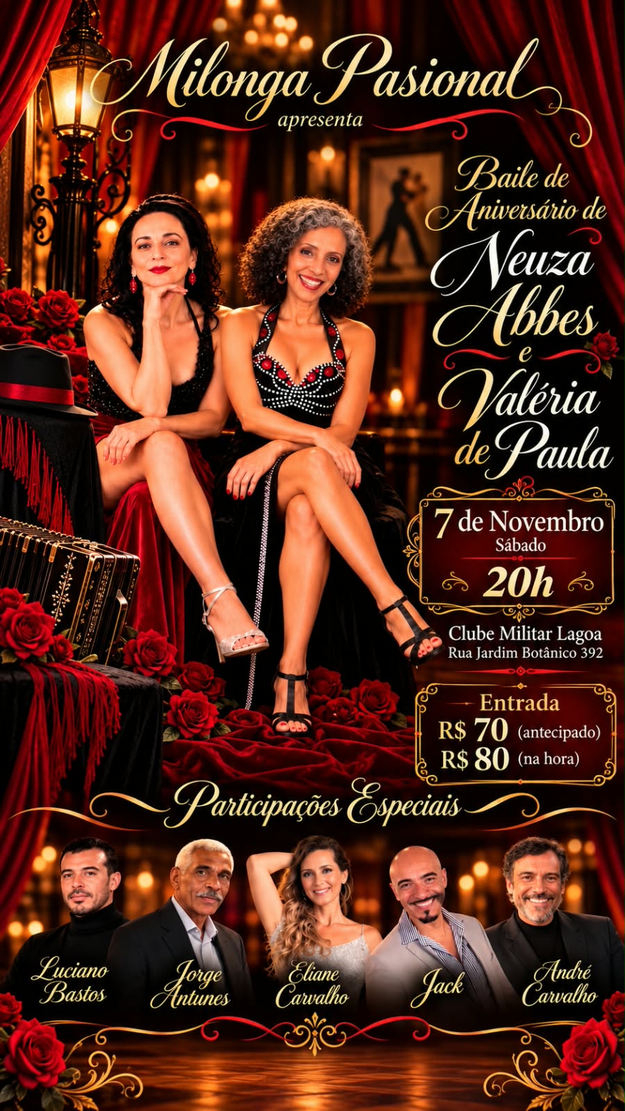 Flyer do evento Milonga Pasional apresenta Baile de Aniversário de Neuza Abbes e Valéria de Paula
