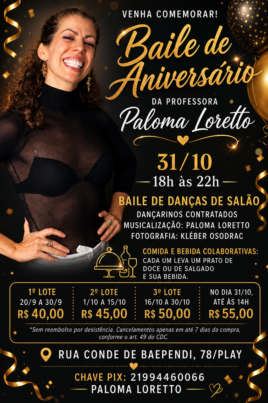 Flyer do evento Baile de Aniversário da Professora Paloma Loretto